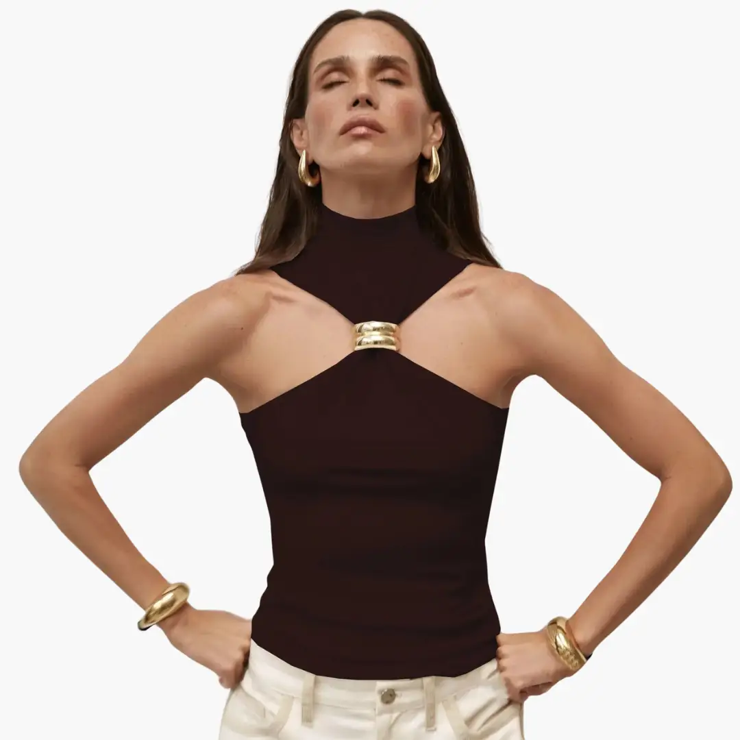 Chic high-neck halter top in dark brown with gold ring accent