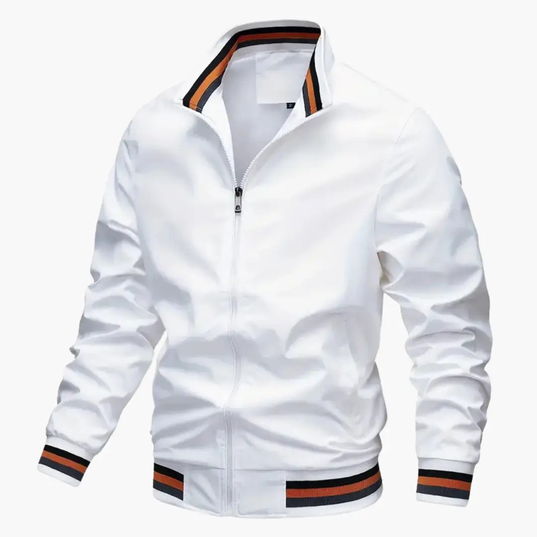 Men's white bomber jacket with ribbed cuffs and collar, striped trim at collar and hem, front zipper