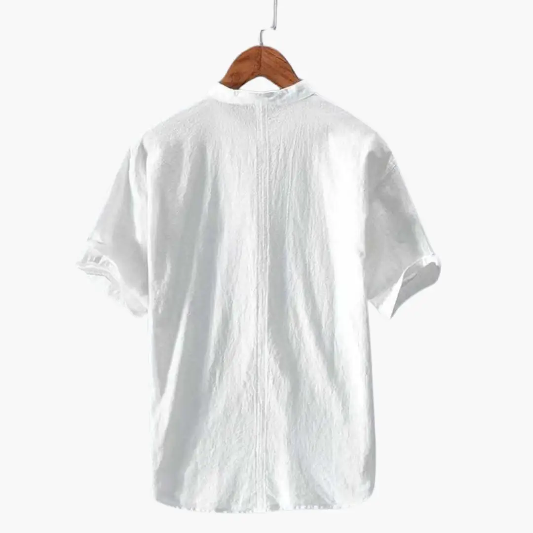 White lightweight short-sleeve shirt for men with stand-up collar by Wilfred Smith