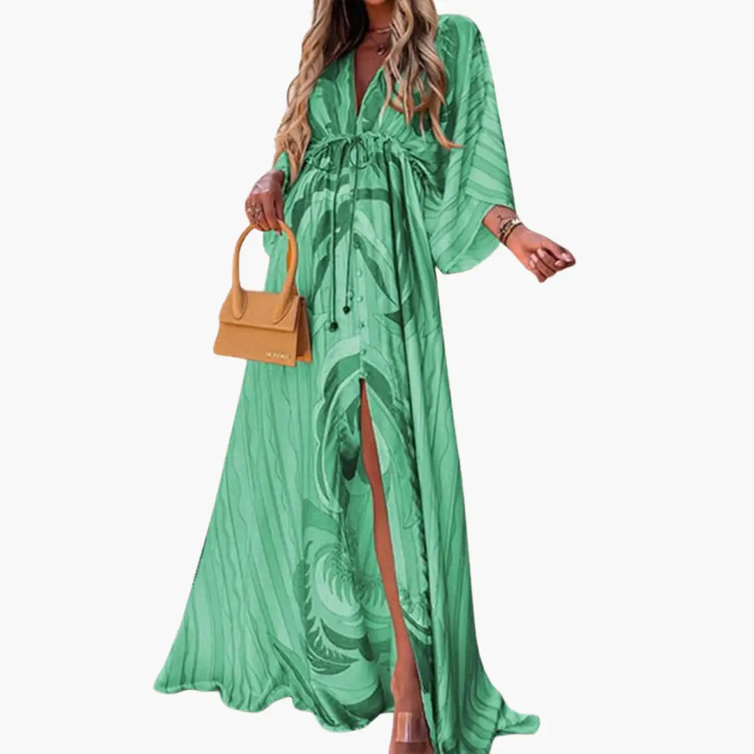 Maxi dress by Wilfred Smith: green floral print, tie-waist, front slit with long sleeves