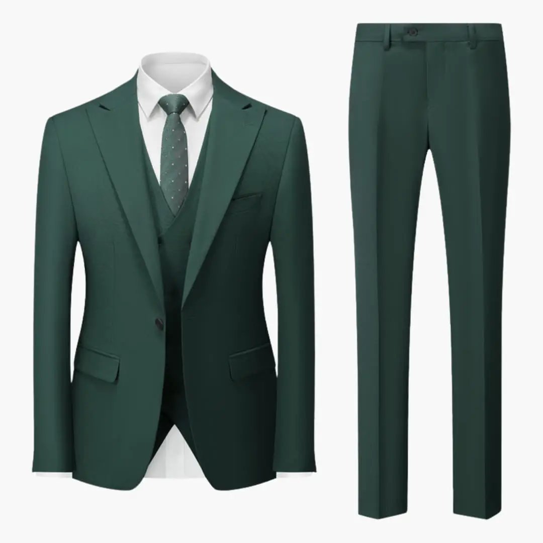 Elegant Slim Fit 3-Piece Men's Green Suit by Wilfred Smith with jacket, vest and trousers
