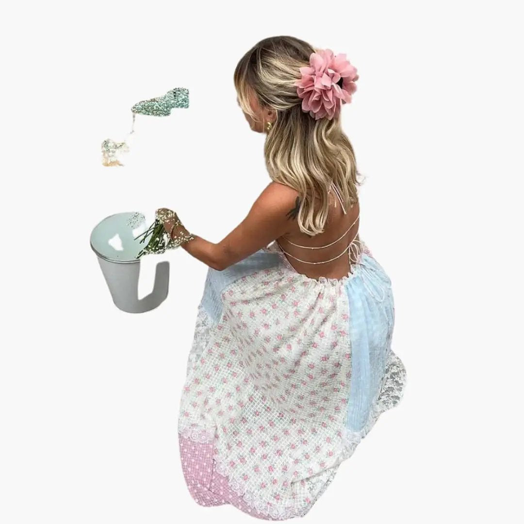 Patchwork Maxi Dress with spaghetti straps in pastel color blocks, airy summer style