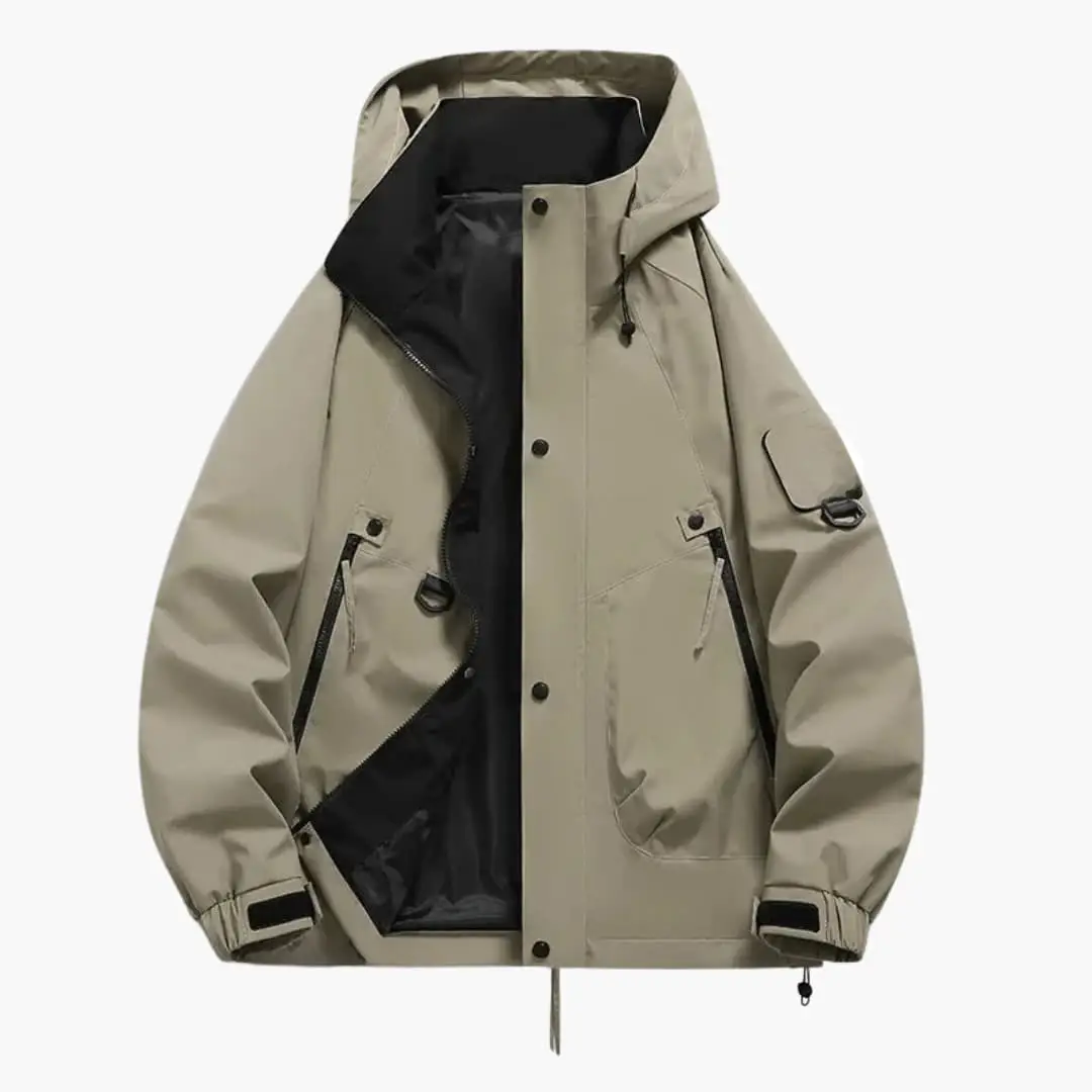 Unisex hooded parka jacket in beige with zip pockets and black interior lining