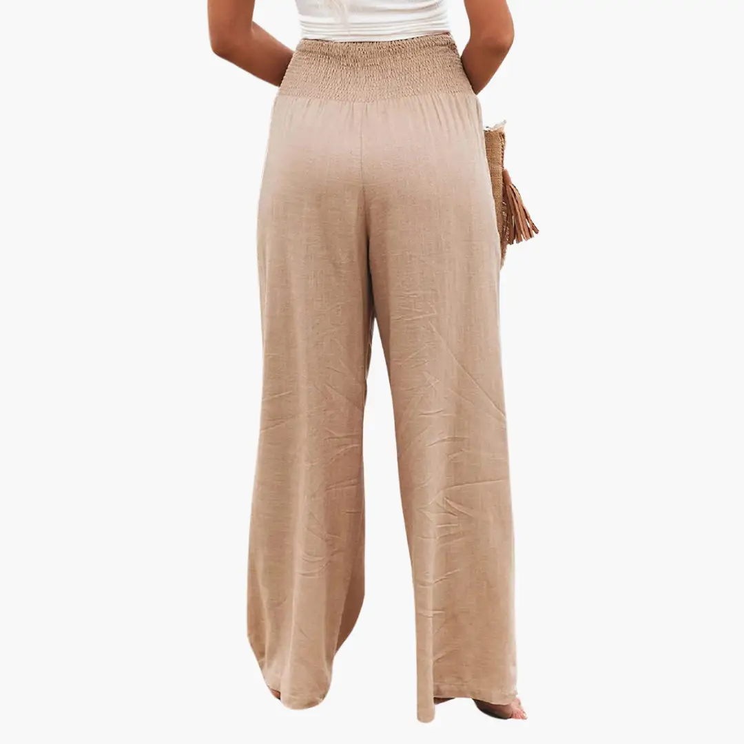 Palazzo trousers for women, beige wide-leg summer pants with elastic shirred waist, Wilfred Smith