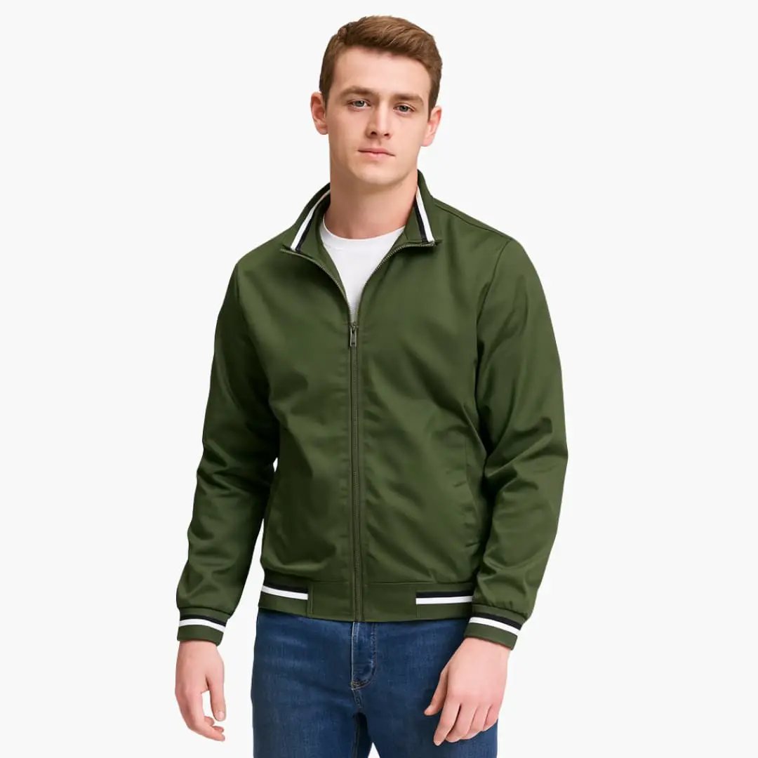 Men's bomber jacket olive green with white striped cuffs and hem, full-zip front