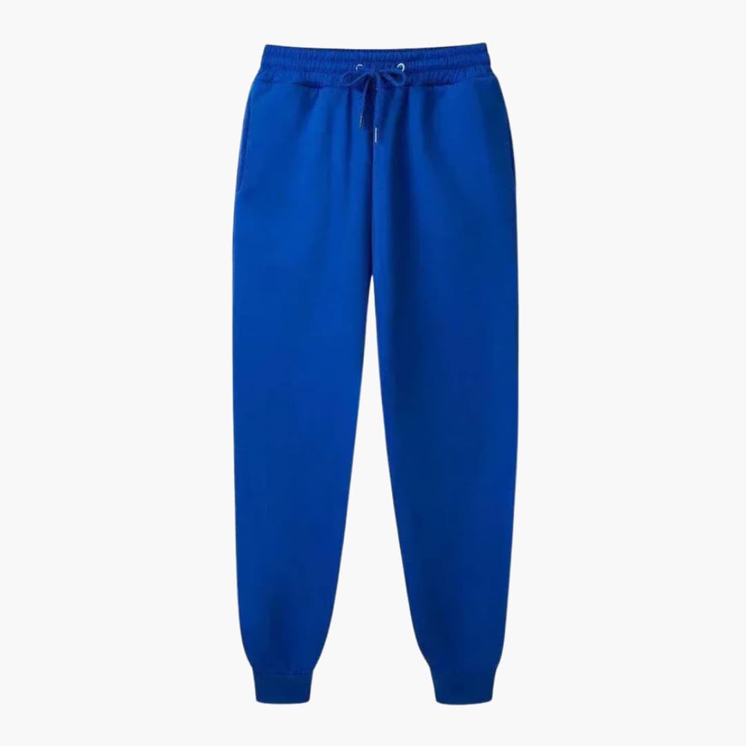 Unisex jogging pants in royal blue with drawstring waist and cuffed hems