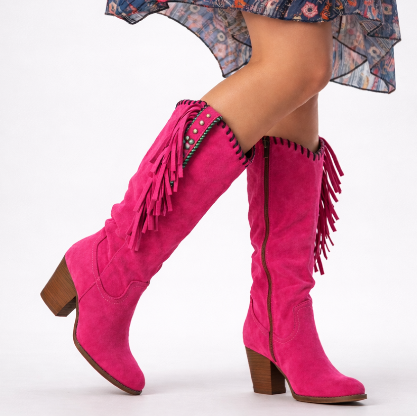 Women's orthopedic boots in pink suede with fringe detailing and a wooden block heel