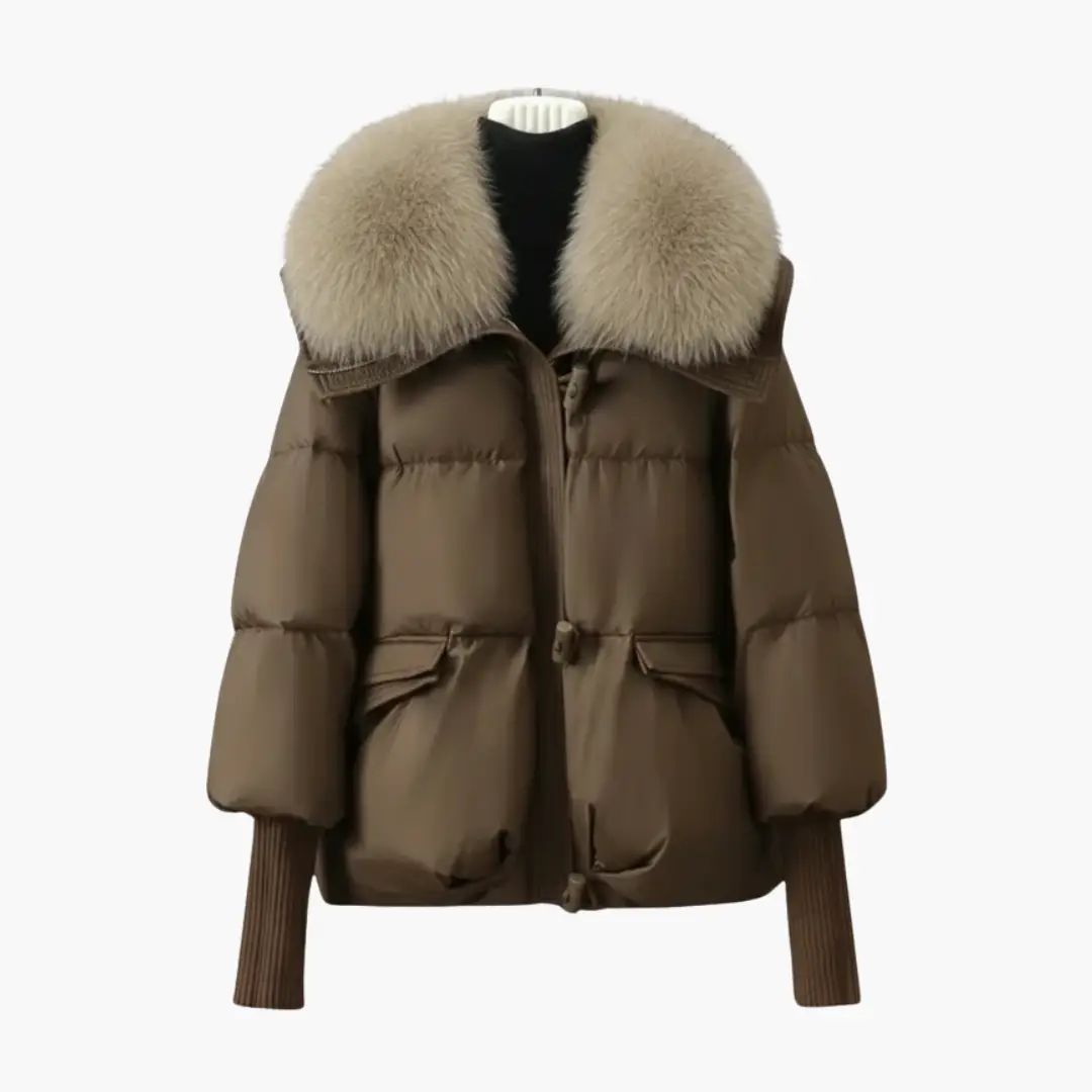 Women’s puffer jacket with beige faux fur collar and ribbed cuffs in brown