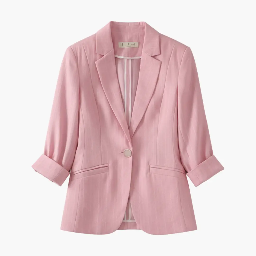 Women’s linen blazer with roll-up sleeves in pink by Wilfred Smith; single button, notch lapels, front pockets.