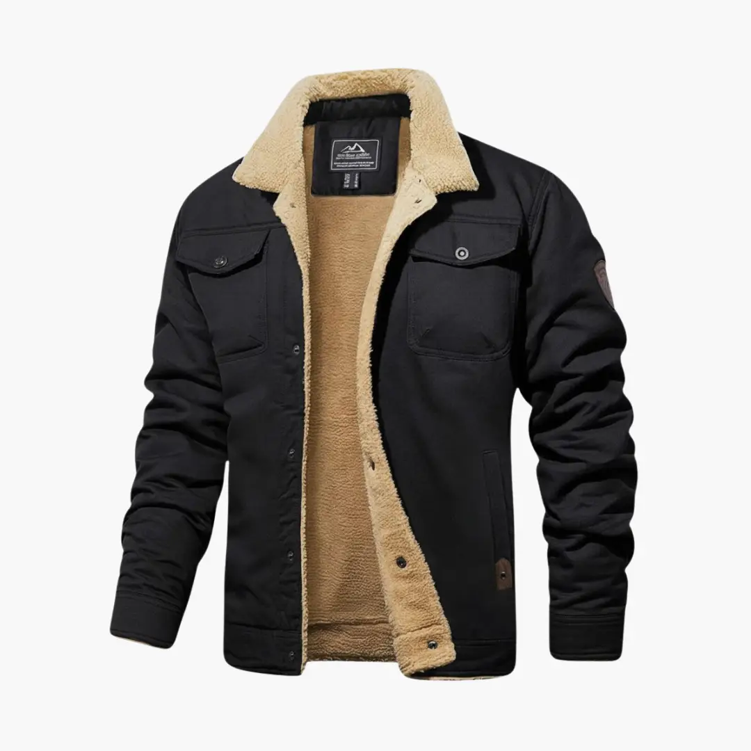 Men's bomber jacket by Wilfred Smith, black outer shell with tan sherpa collar and inner fleece lining.