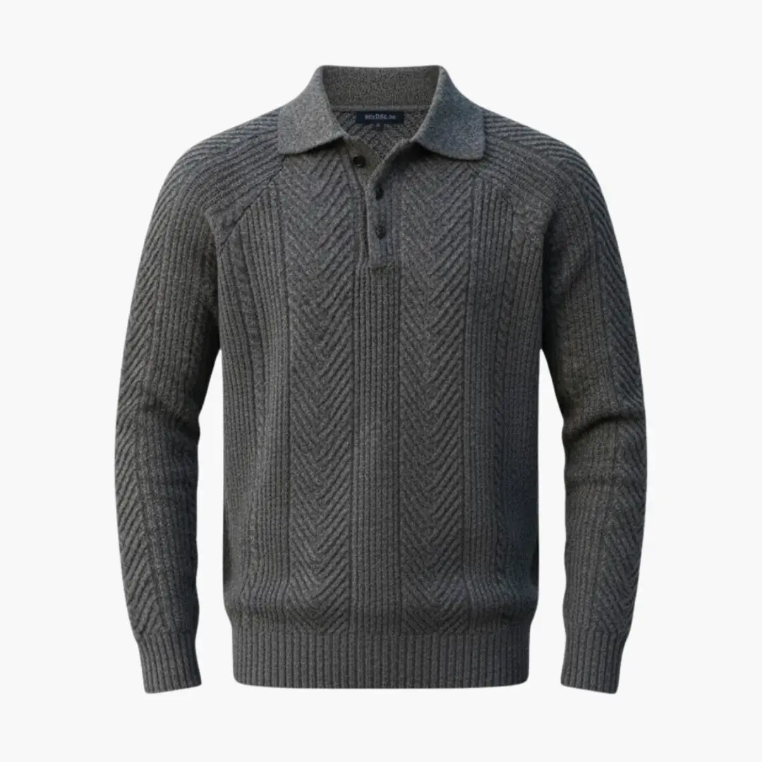 Men’s knitted sweater by Wilfred Smith, grey half-zip with polo collar and ribbed hem