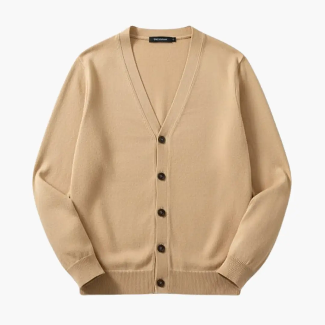 Men's cardigan in beige with V-neck and button-front closure.