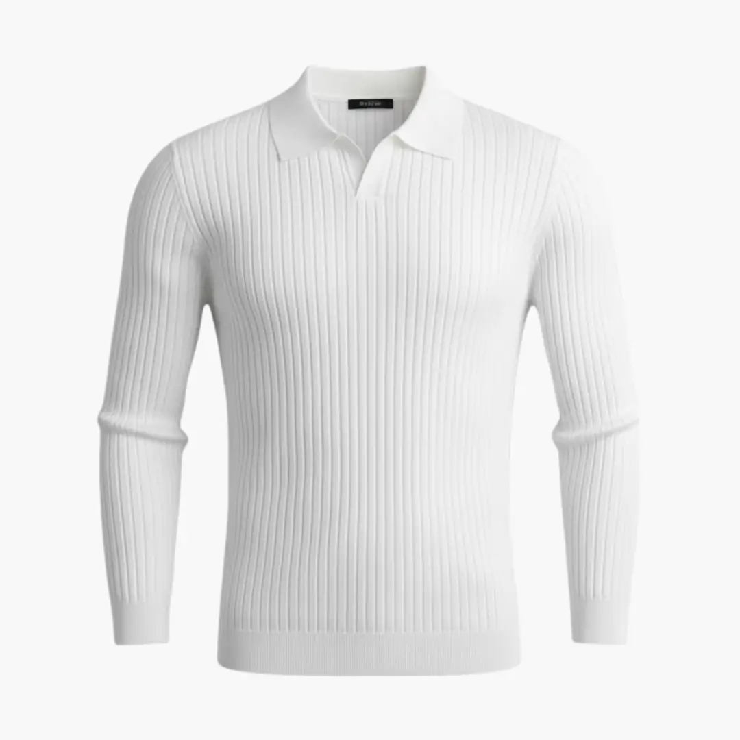 Men's ribbed knit polo-collar sweater by Wilfred Smith, white long sleeves