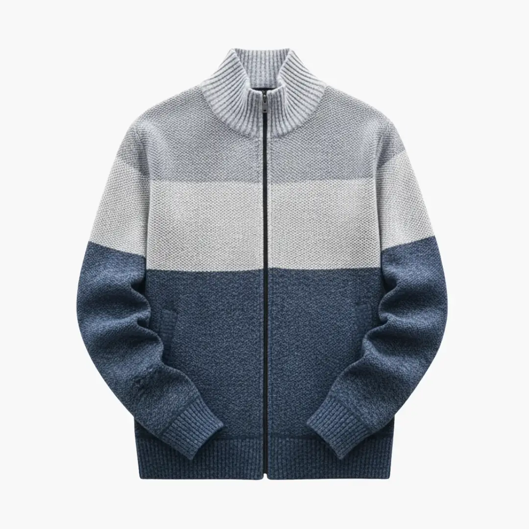 Men's color-blocked full-zip cardigan by Wilfred Smith with a high ribbed collar in light gray, ivory, and navy