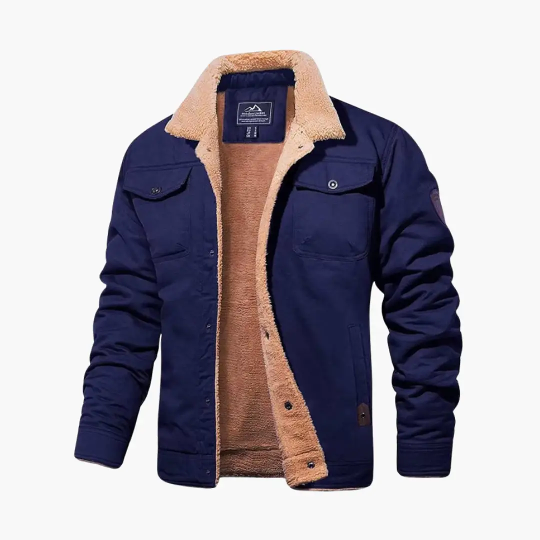 Men's Wilfred Smith trucker jacket, navy with tan sherpa lining and button closure