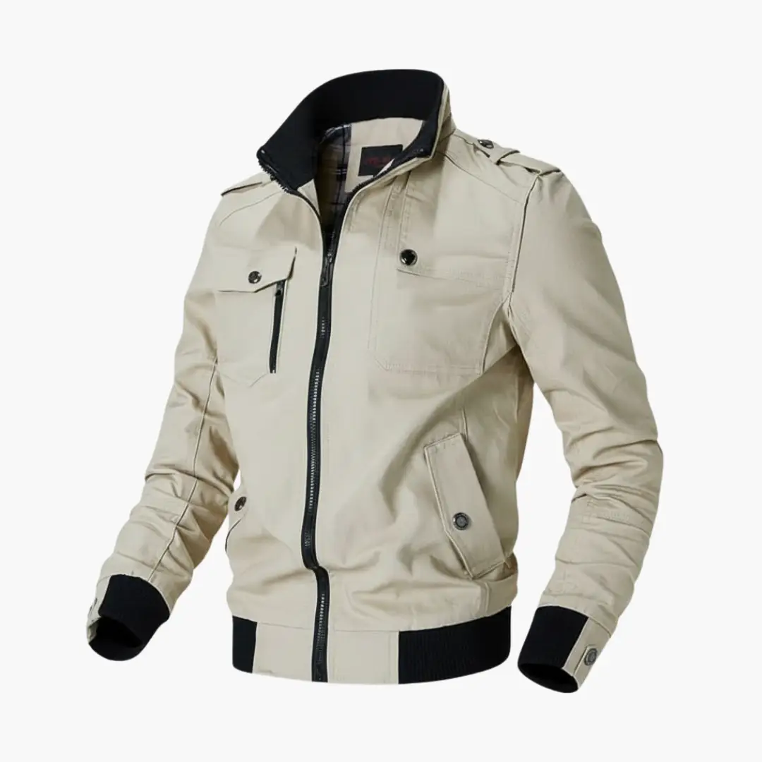 Men’s bomber jacket with zip front and black ribbed cuffs and hem in beige