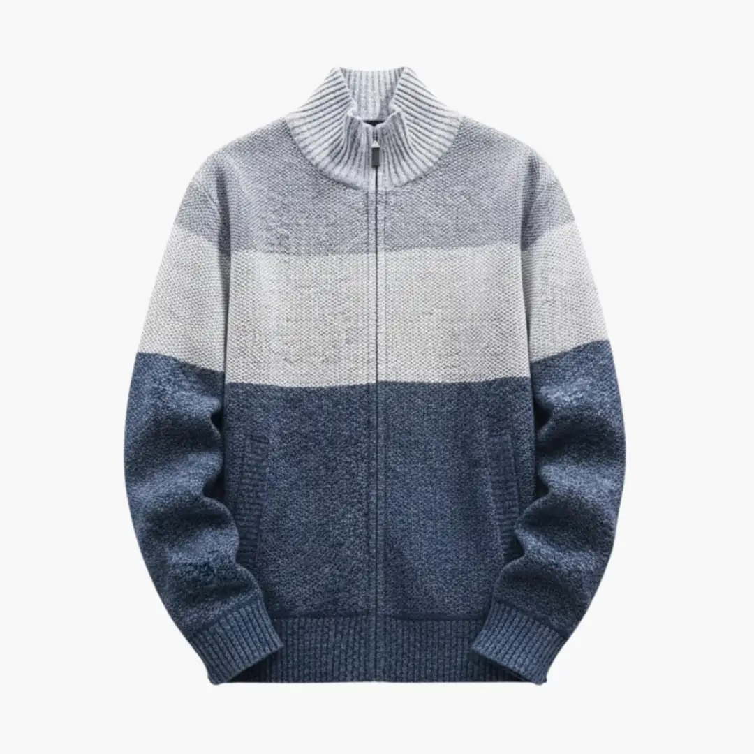 Men's knit zip cardigan by Wilfred Smith with high ribbed collar and ribbed hem; color-blocked gray, cream, and navy.