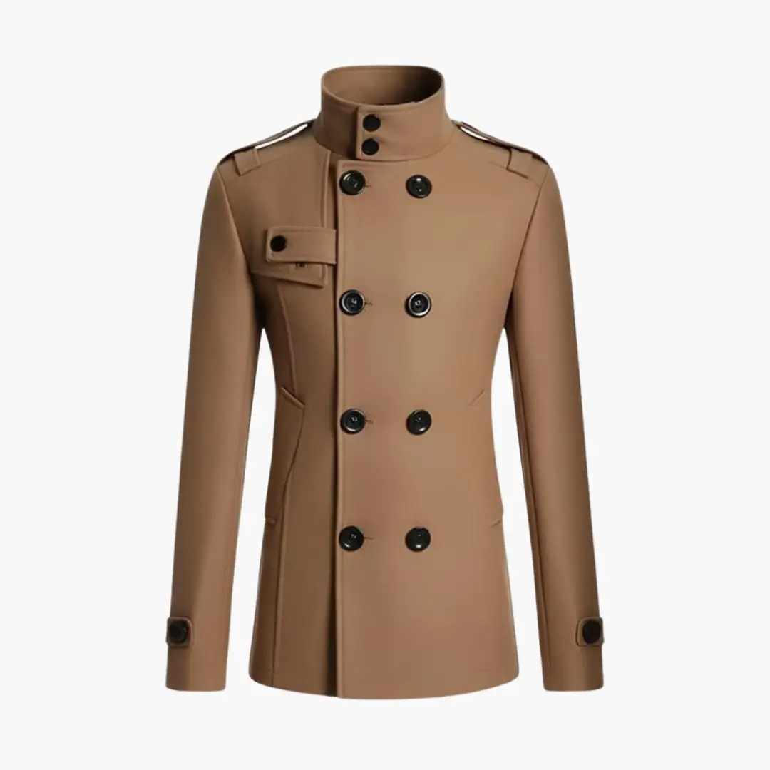 Men’s double-breasted Wilfred Smith coat in tan with high collar and shoulder epaulets
