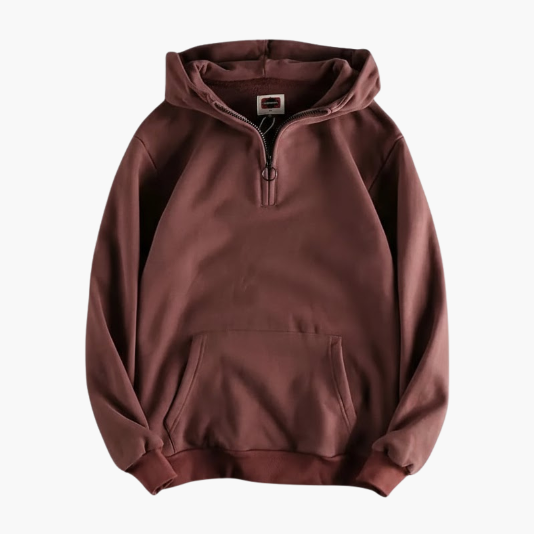 Men's hoodie by Wilfred Smith with half-zip and front pocket in burgundy