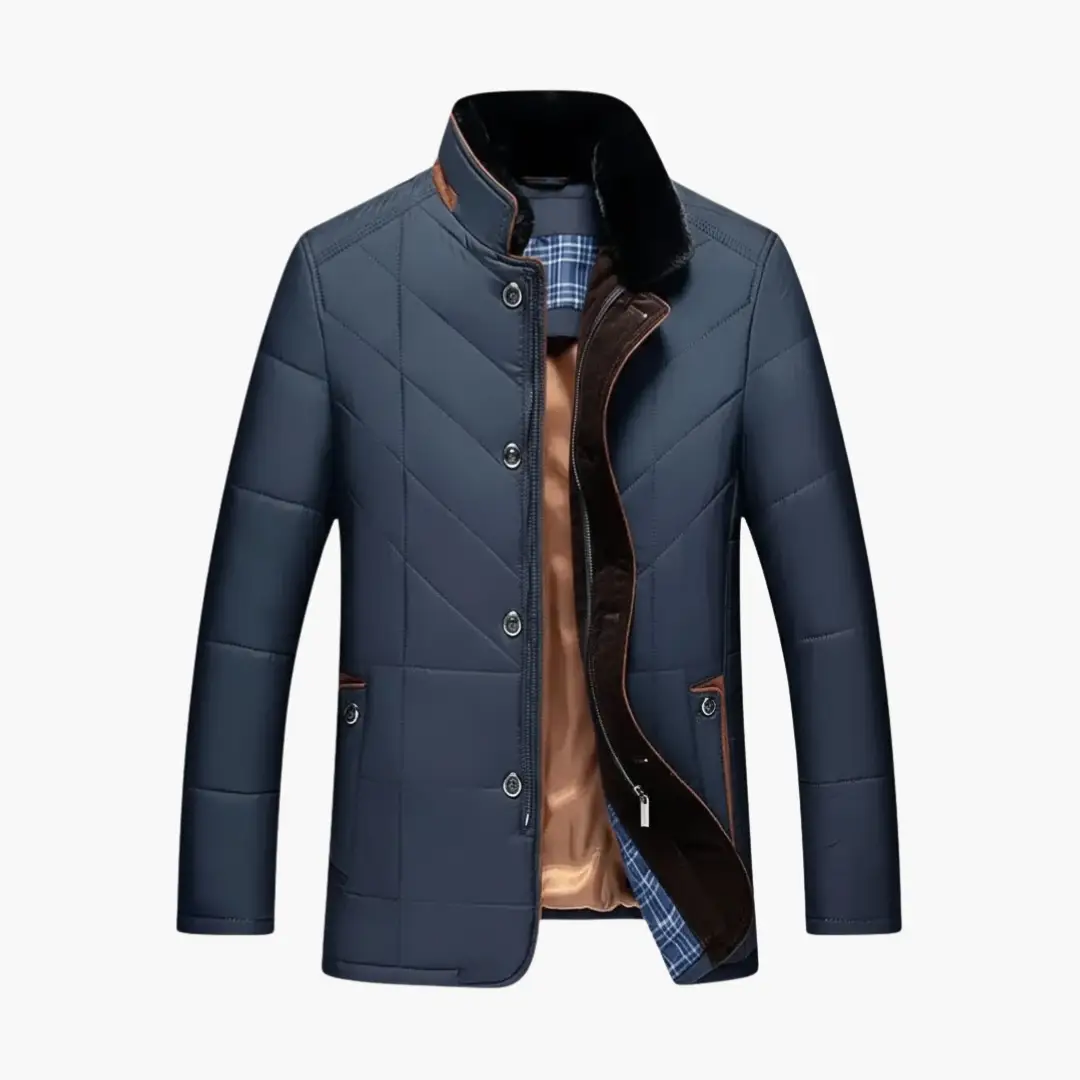 Wilfred Smith men's quilted navy jacket with stand collar, button closure, brown trim, and blue plaid lining