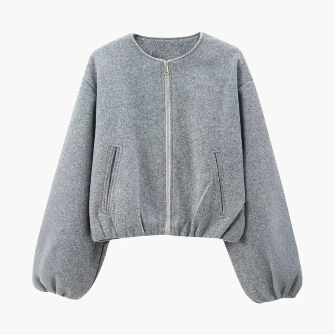 Women’s cropped heather gray bomber jacket with zipper closure, puff sleeves and front pockets.