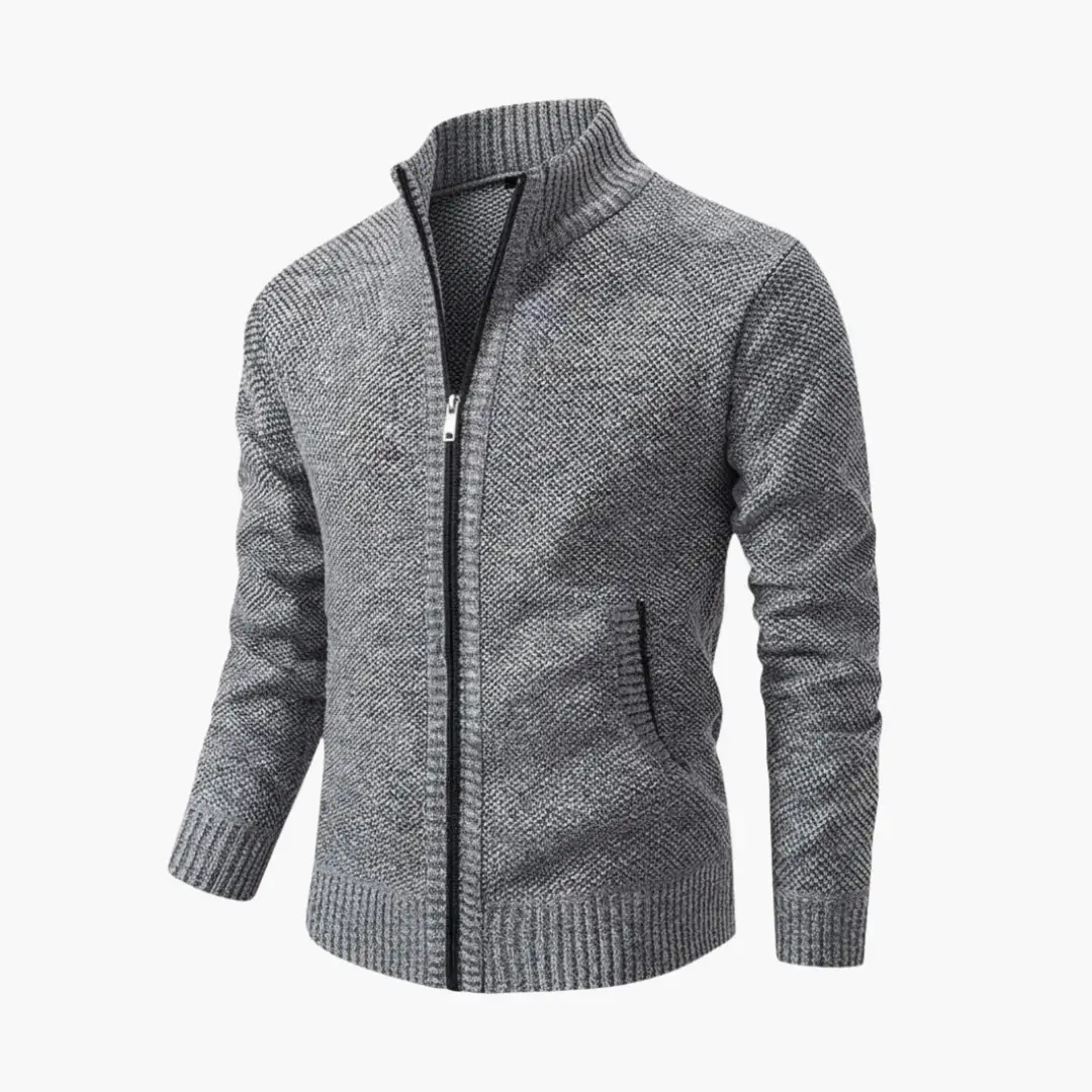 Men’s knit jacket with zipper and ribbed collar in heather gray by Wilfred Smith