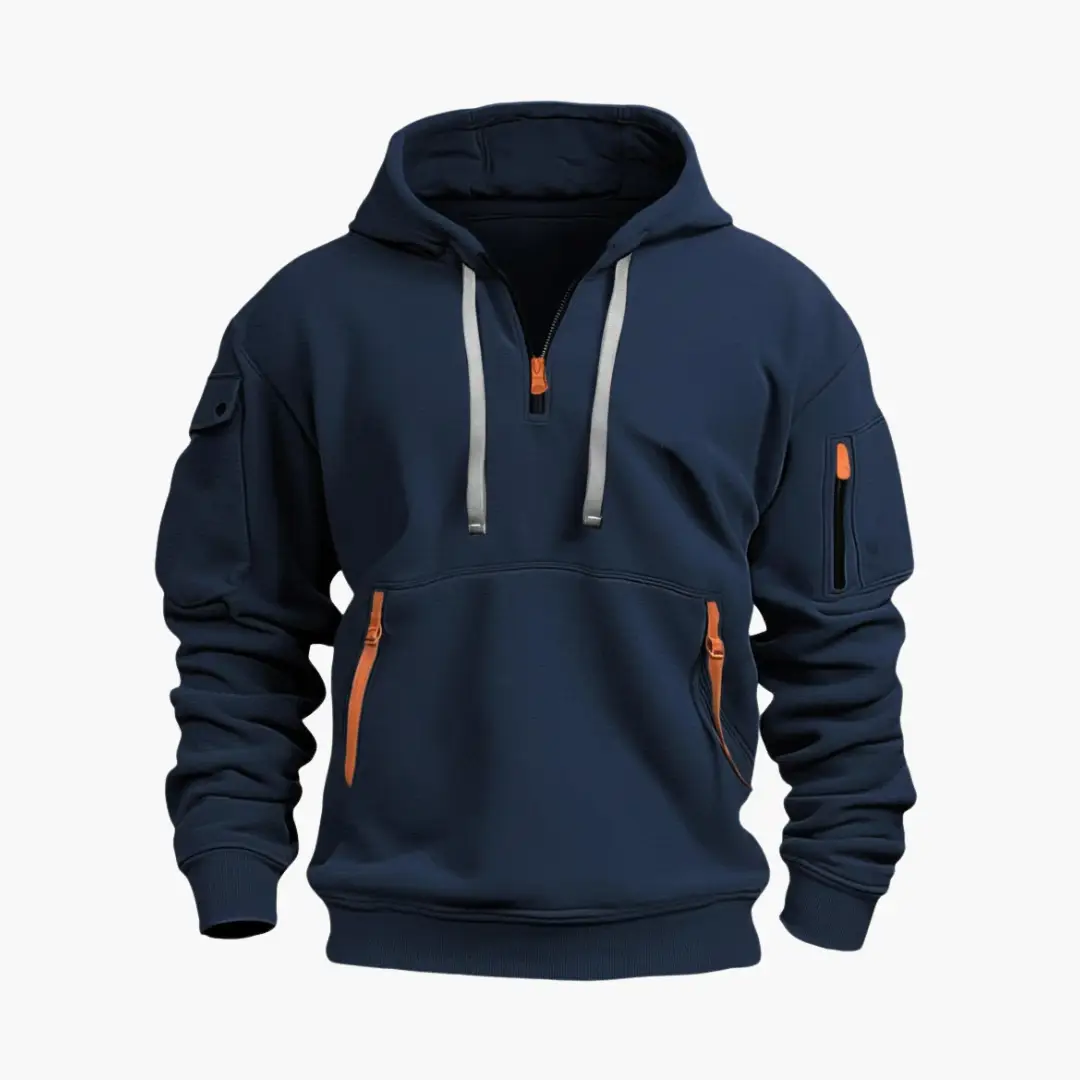 Men's Hoodie Wilfred Smith navy with adjustable hood, grey drawstrings, and orange zipper pockets