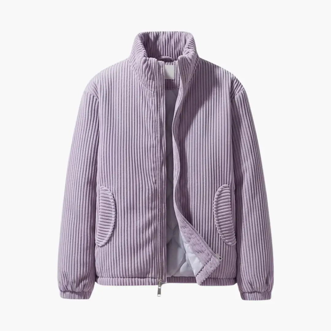 Men’s corduroy jacket in lavender with zip front, stand collar, and curved patch pockets.