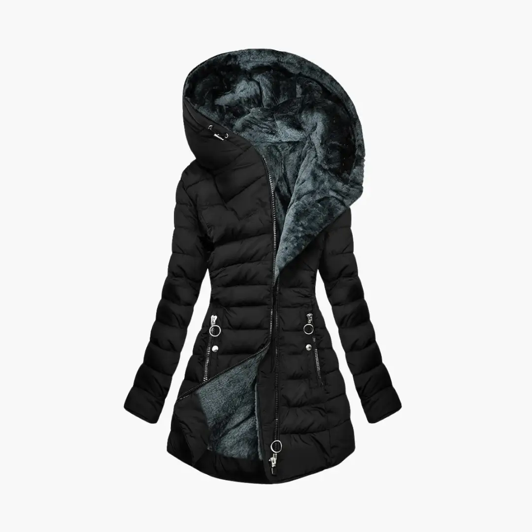 Women's Wilfred Smith puffer jacket with asymmetrical zipper and oversized hood, black with blue-gray faux fur lining.