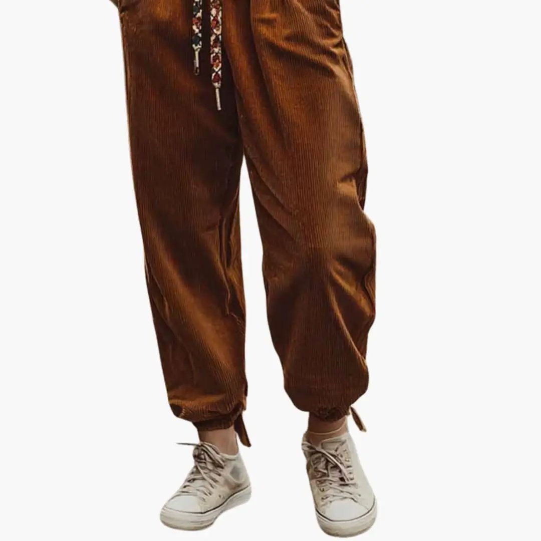 Women's brown corduroy pants with waistband and side pockets by Wilfred Smith