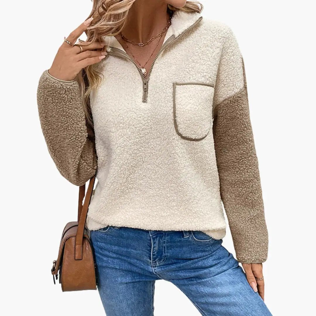 Women's fleece pullover with pocket in cream body and taupe sleeves with sherpa texture