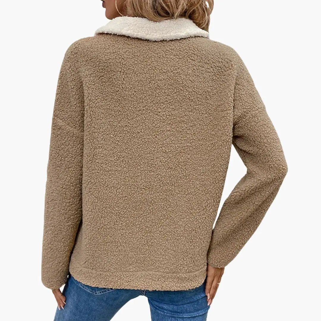 Women's tan teddy fleece pullover with pocket, back view
