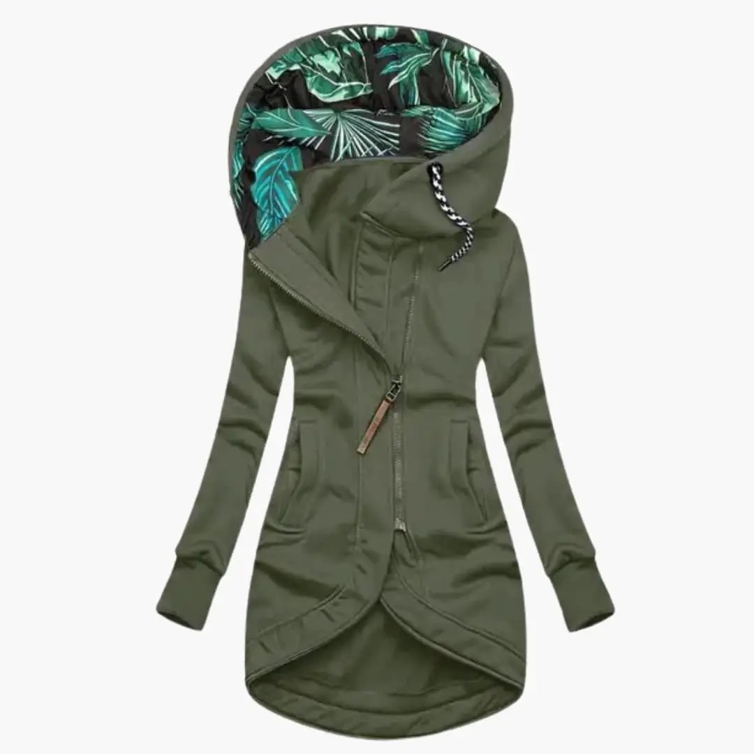 Women's hooded jacket in olive green with an asymmetrical zipper and front pockets, tropical leaf-lined hood