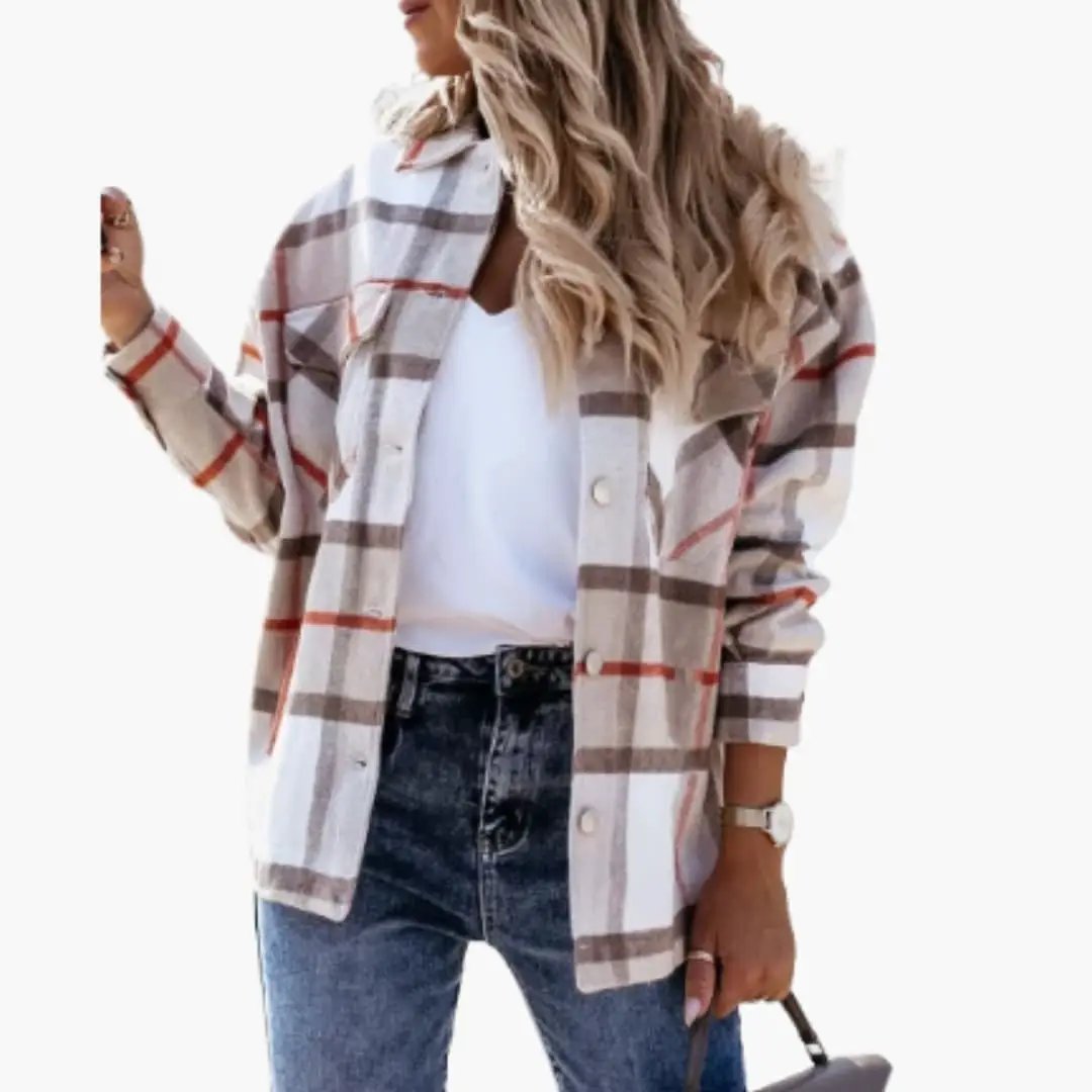 Women's beige plaid check shirt jacket with collar