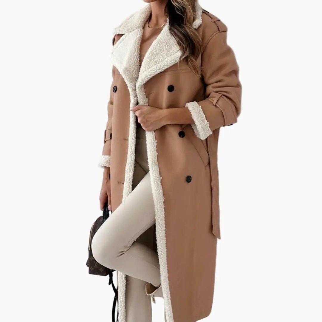Women's long camel coat with notched collar and white faux shearling lining