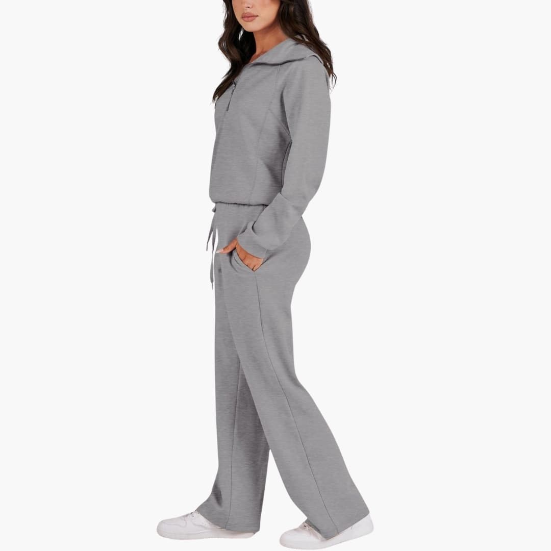 Women's two-piece lounge set with half-zip top and wide-leg pants in gray