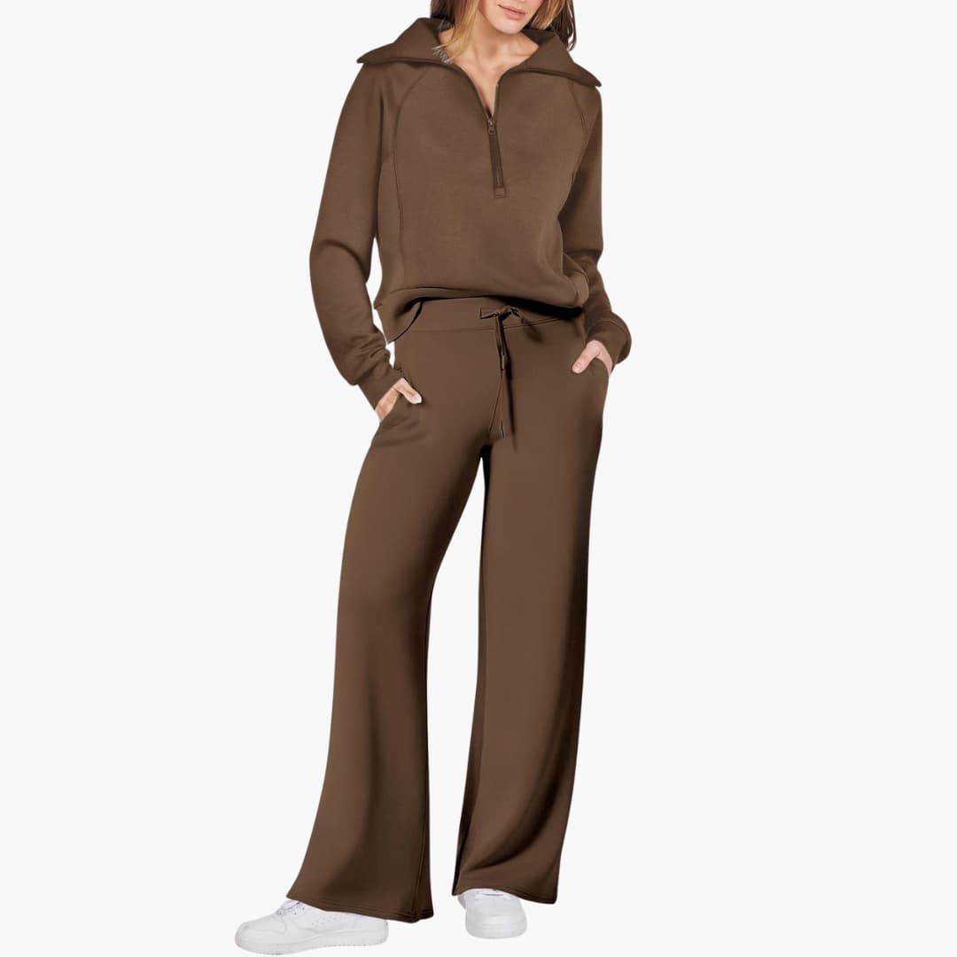 Women's lounge set with half-zip top and wide-leg pants in brown, Wilfred Smith loungewear.