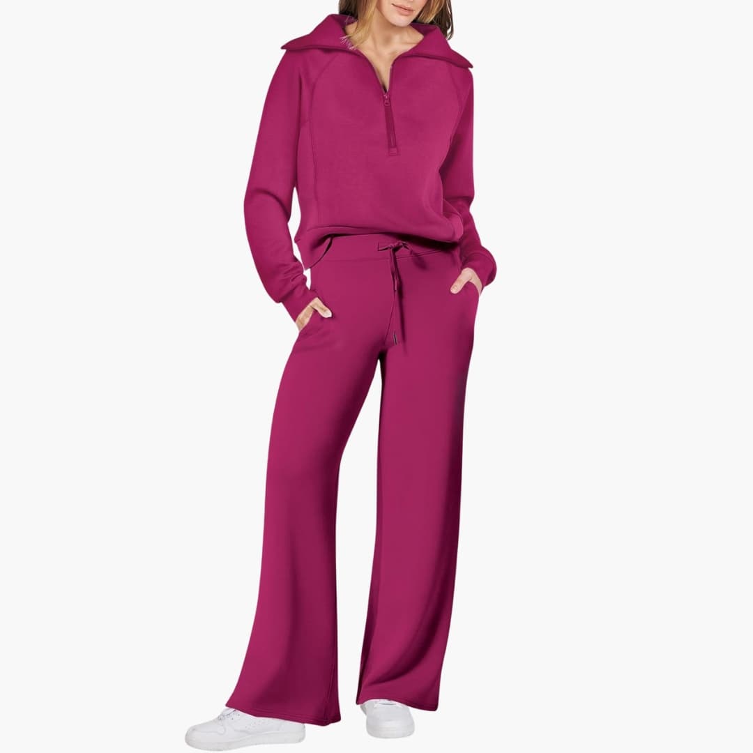 Two-piece Women's Lounge Set with Half Zip and Wide Pants in magenta by Wilfred Smith