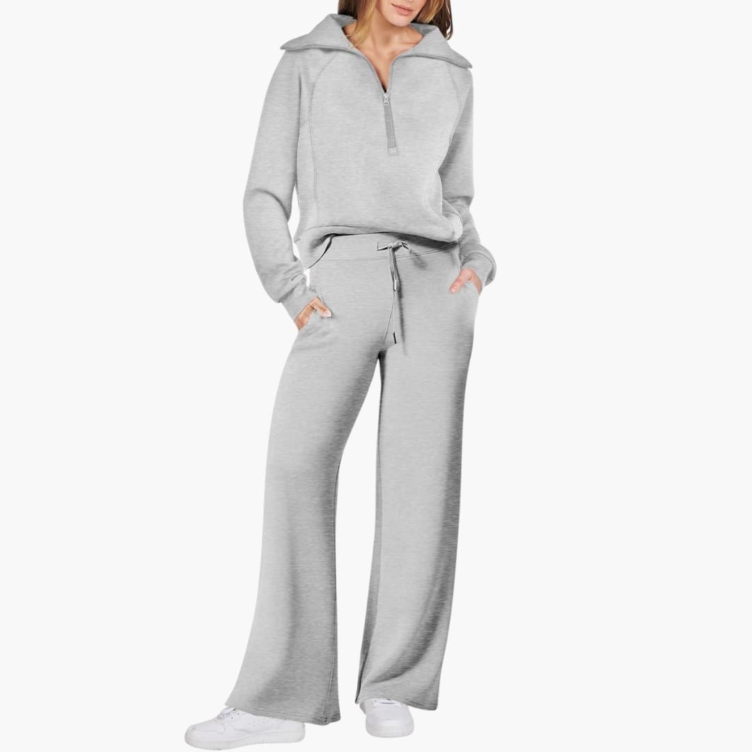 Women's lounge set with half-zip hoodie and wide-leg pants in heather gray, by Wilfred Smith.