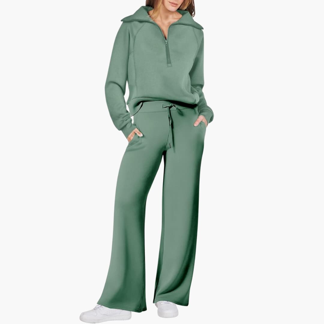 Women's two-piece lounge set with half-zip top and wide-leg satin pants in sage green, Wilfred Smith loungewear