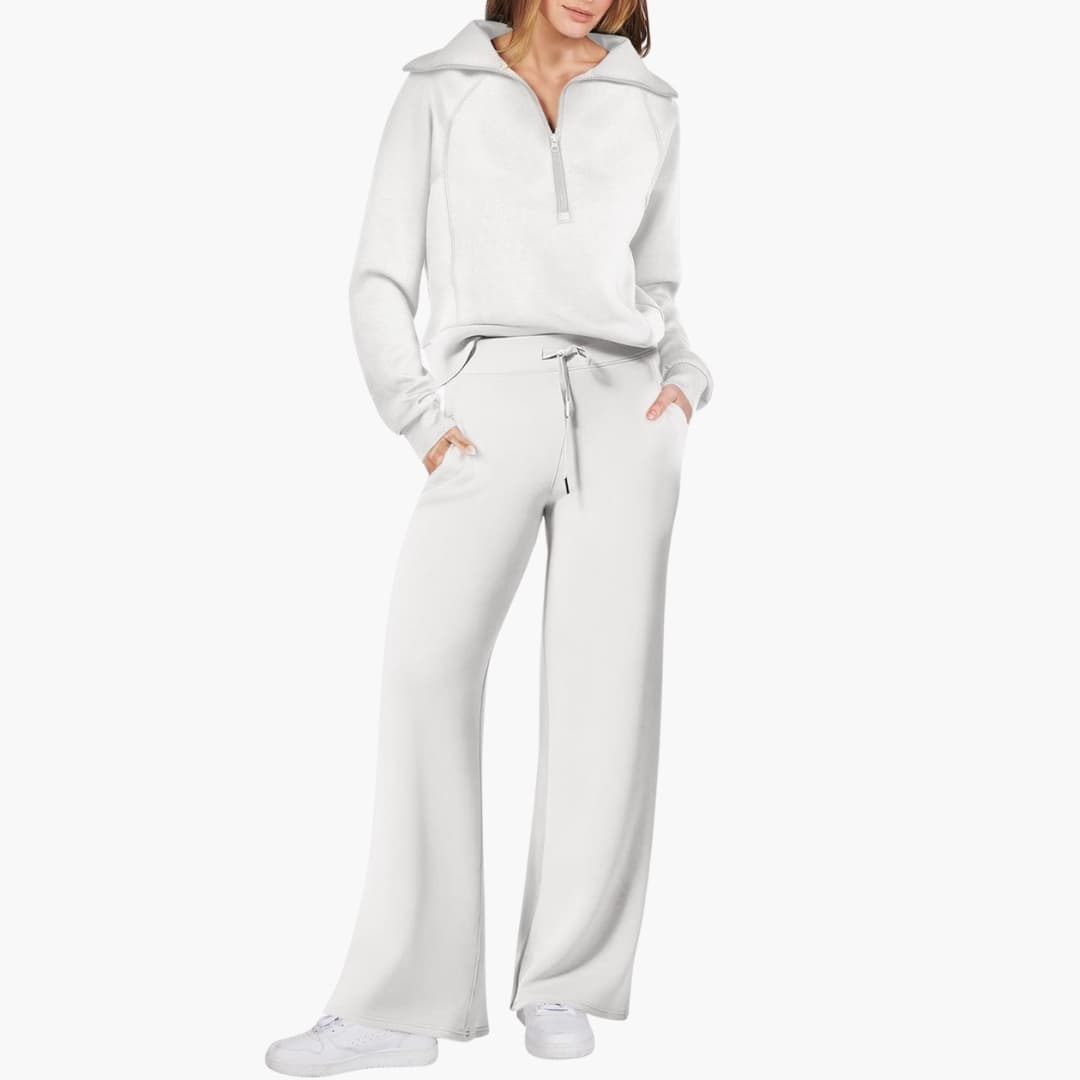 Wilfred Smith women's lounge set with half-zip top and wide-leg pants in white