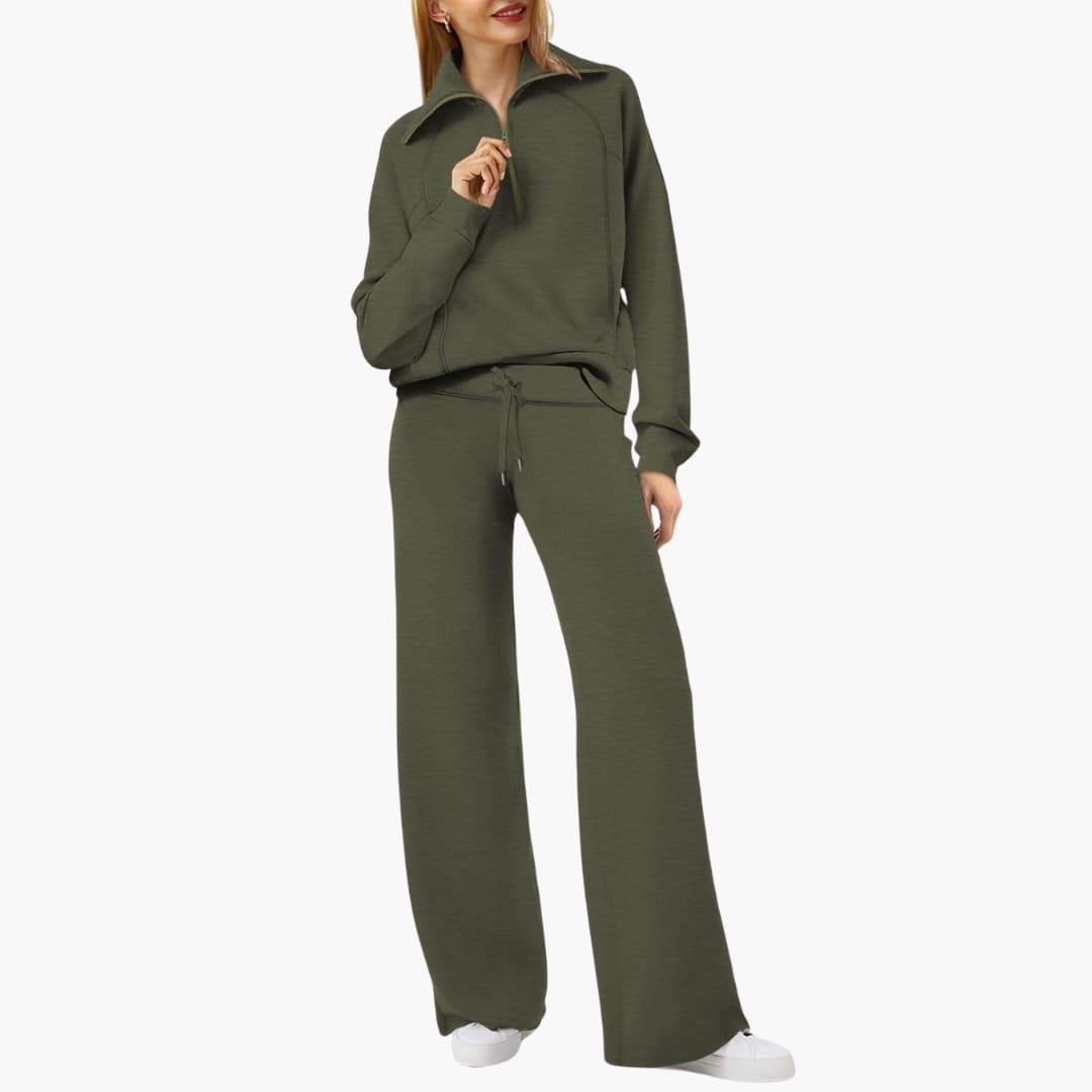 Women's Lounge Set with Half Zip and Wide Pants by Wilfred Smith in olive green loungewear