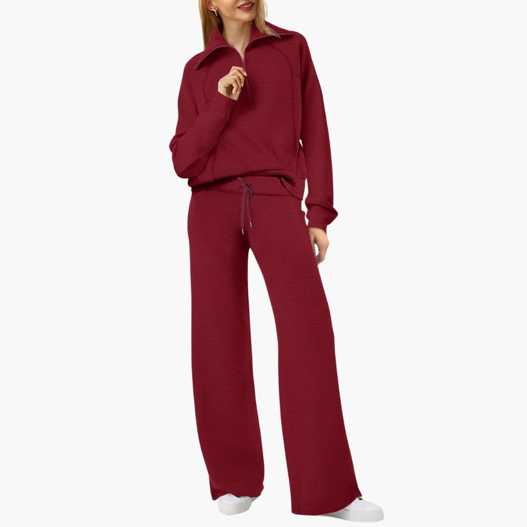 Women's lounge set with half-zip top and wide-leg pants in burgundy, Wilfred Smith