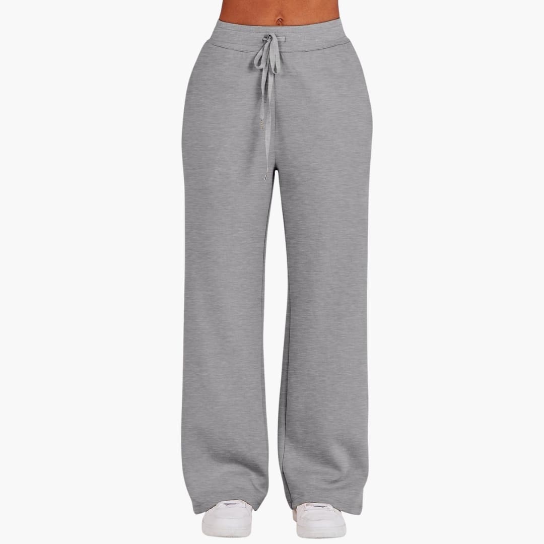 Women's wide-leg grey lounge pants with drawstring waist from a two-piece loungewear set
