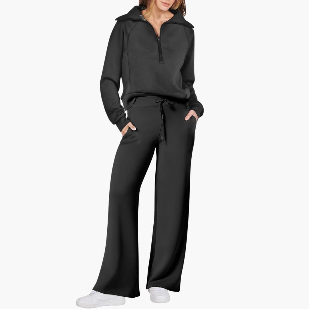 Women's Lounge Set with Half Zip and Wide Pants in black with drawstring waist.