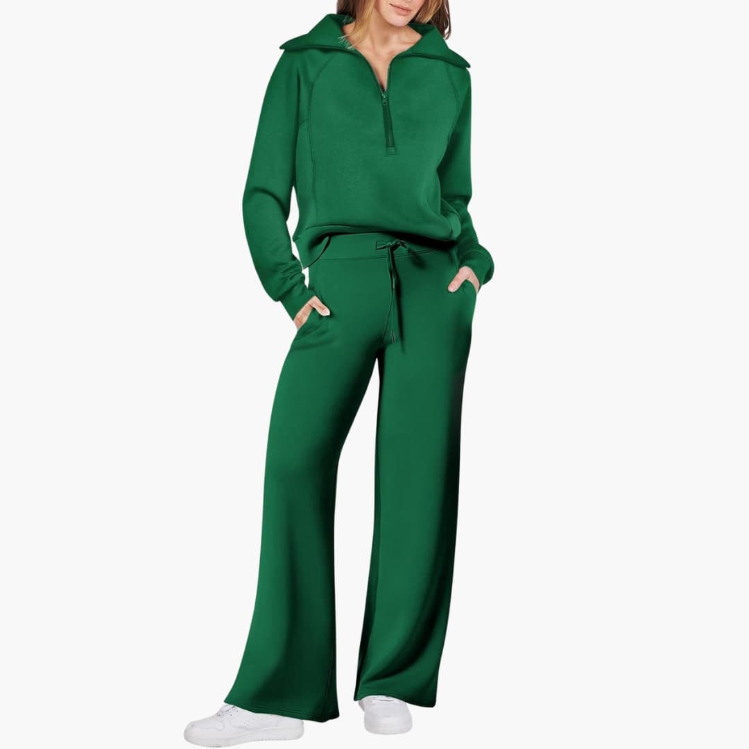 Women's Lounge Set with Half Zip and Wide Pants by Wilfred Smith, emerald green loungewear