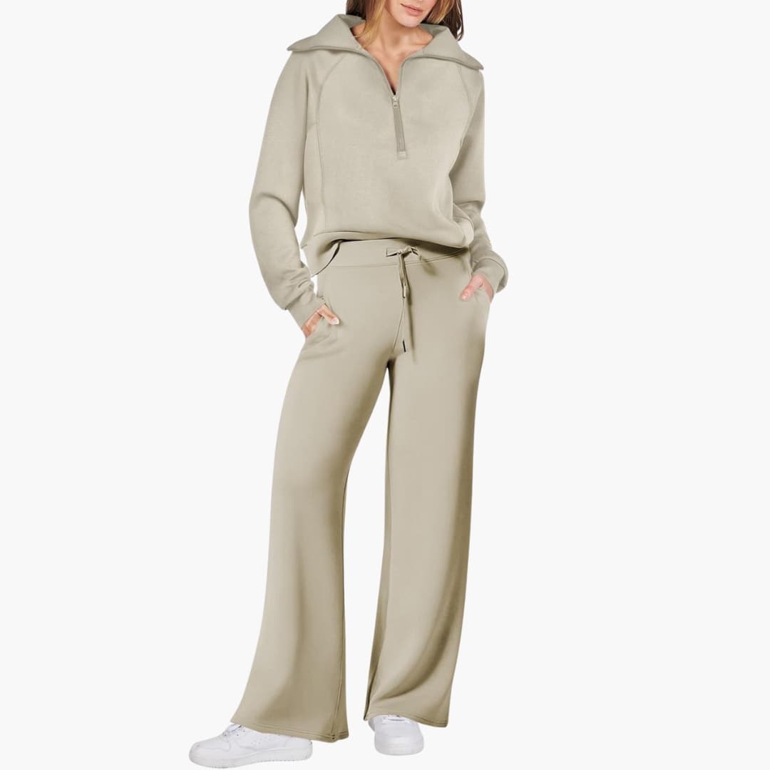 Women's two-piece lounge set with half-zip top and wide-leg pants in beige