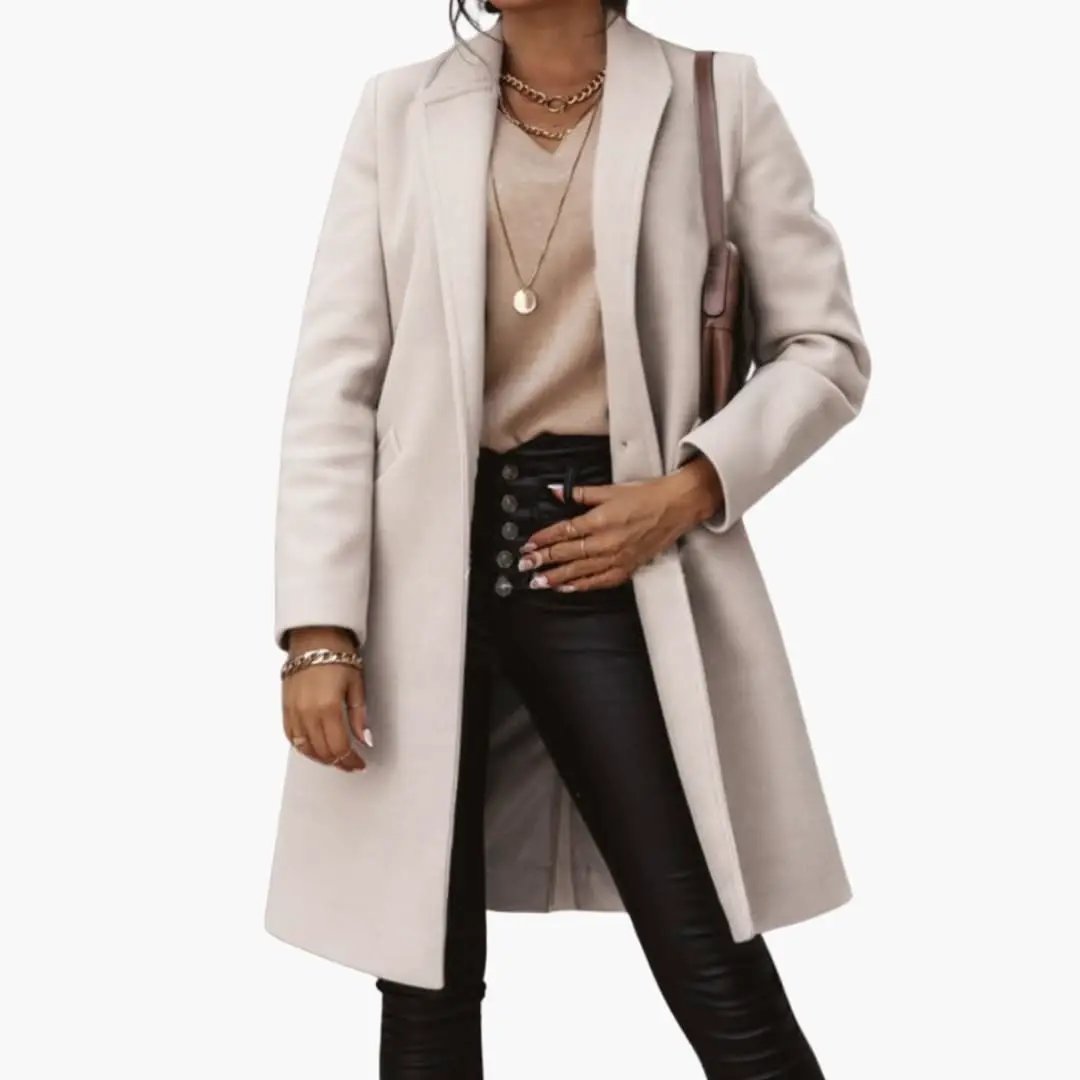 Women's long coat by Wilfred Smith in beige with collar, overcoat style.