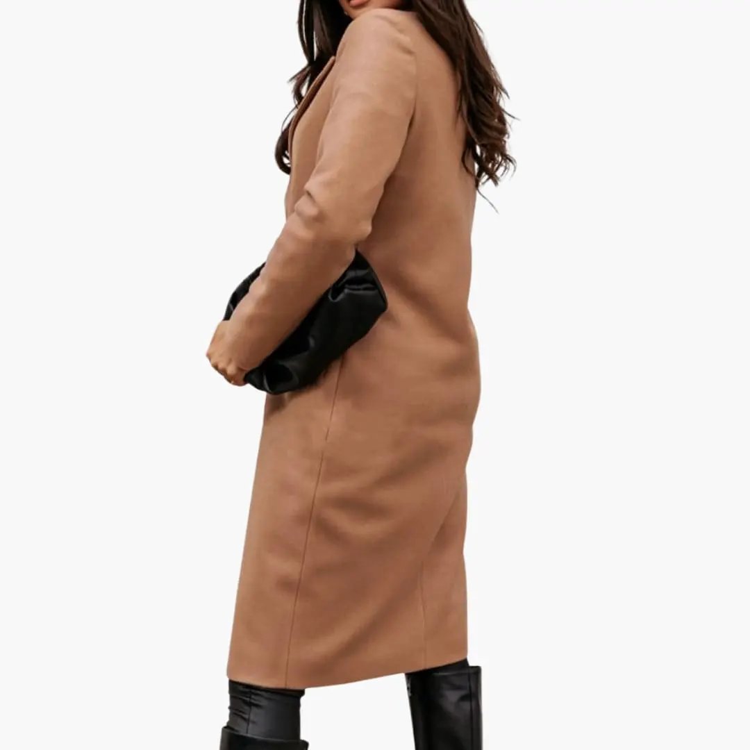 Women's camel long coat with collar, knee-length overcoat