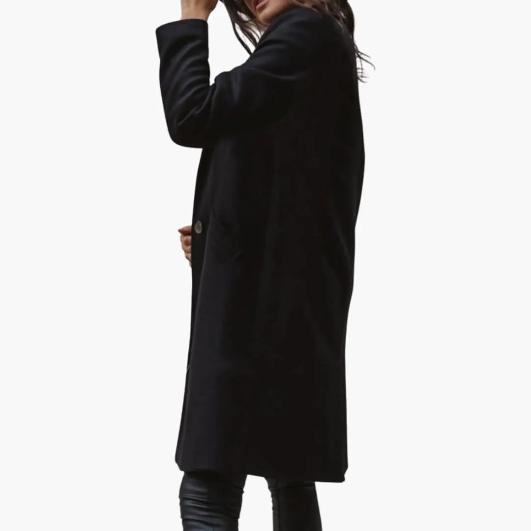 Wilfred Smith women's long black coat with collar and front buttons